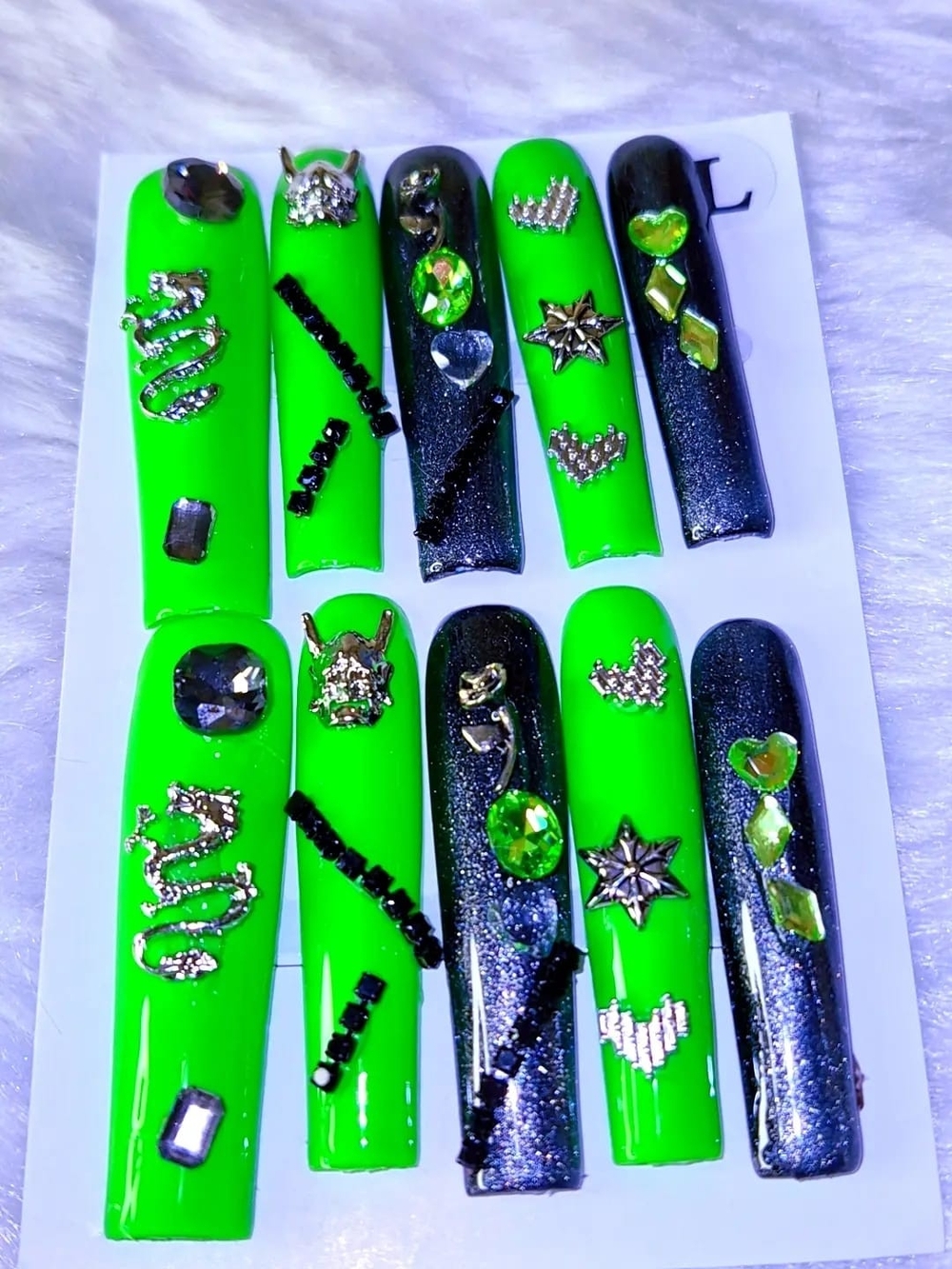 Neon Green & Black Gem Accent Press-On Nails - Women Accessories